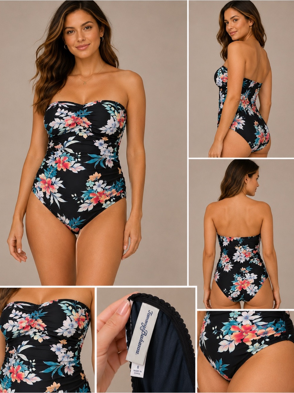 Tommy Bahama Hawaiian Floral Strapless One Piece Swimsuit Black Size 8